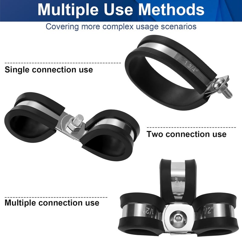 Comkrivy 111 Pcs Cable Clamps - 10 Size Pipe Clamps Assortment Kit 304 Stainless Steel Rubber Cushion Wire Clamp 1/4" 5/16" 3/8" 1/2" 5/8" 3/4" 1" 1-1/4" 1-1/2" Metal P Clamp for Securing Cables and Hoses - Image 5